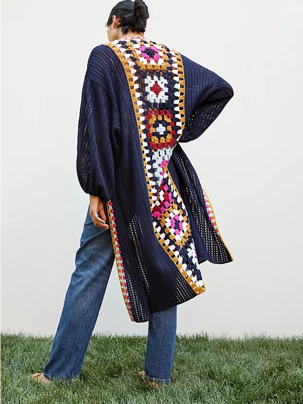 Anthropologie Day Out Duster‎ Kimono Sweater OSFM Navy Blue Multicolor Boho